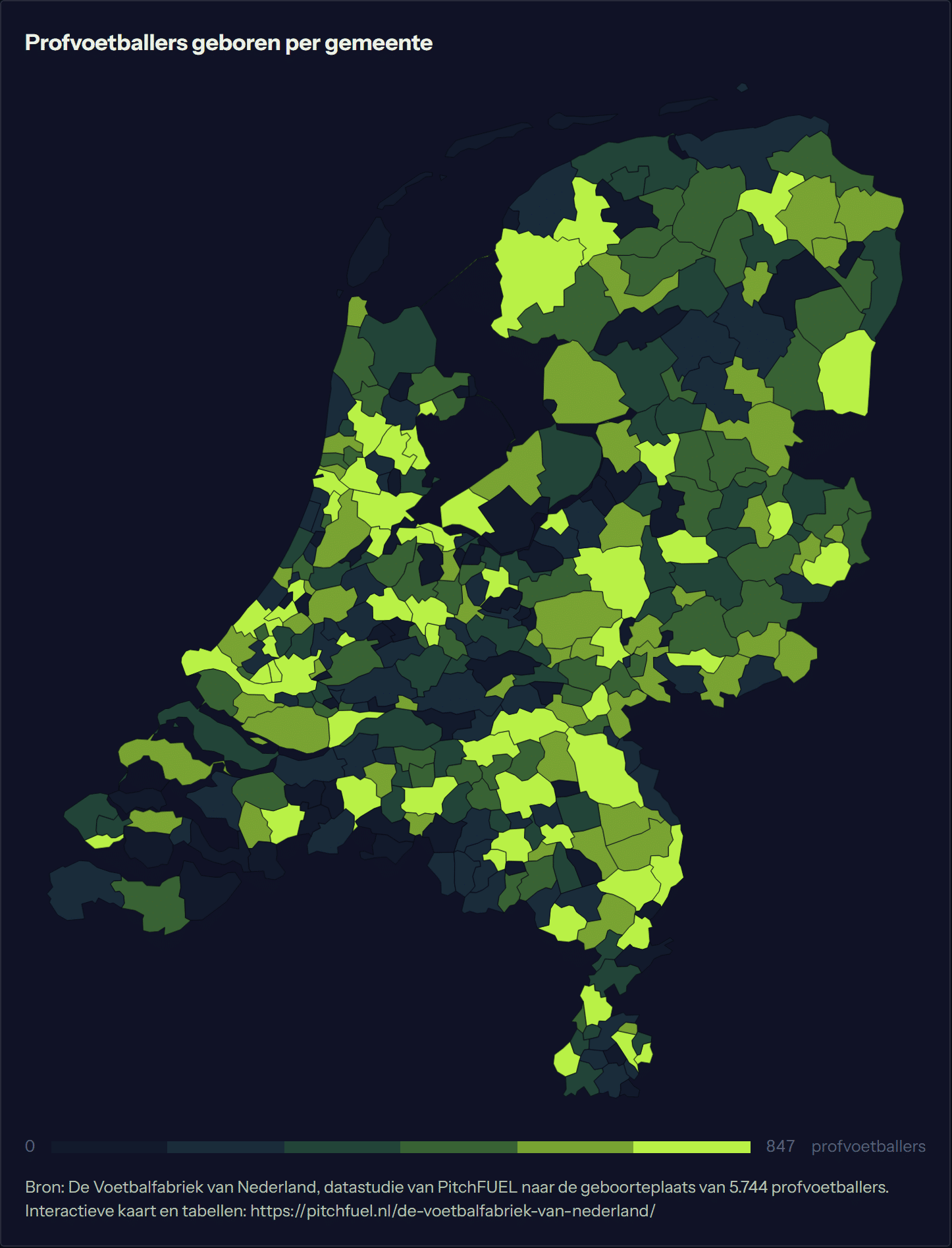 Kaart van Nederland met per gemeente het aantal geboren profvoetballers